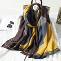 Chic color-block cotton linen scarf in yellow, dark brown, and blue stripe pattern - 180x90cm / Yellow & Brown Color Block (YM61-2)