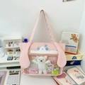 Pink cartoon cat ears canvas tote bag with transparent PVC window for plush toys - Summer Canvas Version / Pink