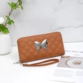 Brown quilted long wallet with silver butterfly metal ornament and wrist strap - Long Quilted Butterfly / Brown