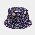 Macro view showing colorful mushroom prints and fabric texture on a black bucket hat - M (56-58cm) / Color 11