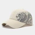 Detail des Drachendrucks auf beigem schnelltrocknendem Mesh-Stoff der Baseballkappe - Beige