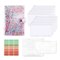 A6 Glitzer Binder Set mit Klarsichttaschen und bunten Pailletten für das Budgeting - Blaue Muschel Set (8 Reißverschlusstaschen + 1 Kartentasche + 2 Doppeltaschen + Etiketten + Lineal) / A6