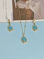 Golden jewelry set featuring pearl chain necklace and blue stone oval drop earrings - Gemstone Style / Turquoise Blue