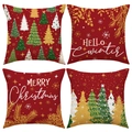 Set of 4 red linen Christmas pillow covers with reindeer and snowflake print - 18x18 Inch / Red Christmas Tree Set / Set of 4