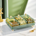 Luxuriöse 6-Fächer Snackbox aus grünem Glas mit goldenem Griff und Metallständer - 6-Gitter-Set mit Deckel / Rechteckiges Set Grün