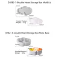 White double heart striped silicone storage box mold set with dimensions and weights - D3182-Double Heart Storage Box Mold Set