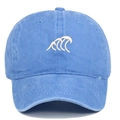 Detail of white wave embroidery on a vintage washed blue cotton baseball cap - One Size / Light Blue