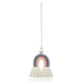 Handwoven rainbow car charm with wood bead and tassels in soft blue and pink tones - Grey Rainbow
