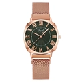 Women's quartz watch with rose gold mesh magnetic strap and sunburst green Roman dial - Green