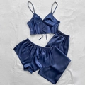 Conjunto de pijama de satén azul marino de 3 piezas con camisola, short y pantalón - S / Azul marino