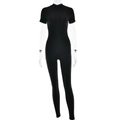 Mono ajustado negro de manga corta con cuello alto y cremallera frontal para mujer - S / Negro