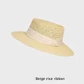 Chapeau de soleil plat en paille beige avec ruban large assorti et texture tissée - Réglable (54-58cm) / Beige Ruban Beige (0404)