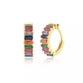 Rainbow baguette zircon hoop earrings in gold plating shown with a mirror reflection - Gold Multi Color Zirconia