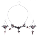 Set gioielli gotici a pipistrello con collana argento e orecchini con gemme rosse - Stile Pipistrello Croce Argento Antico