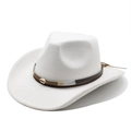 Detalle de sombrero de vaquero blanco con banda de cuero marrón y adorno de concha dorada - M (56-58cm) / Blanco
