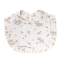 Vintage floral baby bib in off-white cotton muslin with elegant ruffled lace edges - Yellow Floral (WW55-3)