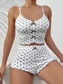 Detail von Herz-Pyjama-Set mit schwarzen Schleifen und verspieltem Wellensaum-Design - S / Schwarz