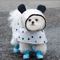 Waterproof white polka dot dog raincoat with blue boots and bear ears hood - M / White