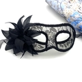 Detailed close-up of a black lace masquerade mask with ornate side flower and ribbons - One Size / Black
