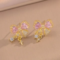 Golden bow stud earrings with pink heart stones and dangling star charms - Gold Pink Bowknot Stud Earrings (8844)