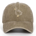 Close-up of silly goose embroidery on washed khaki baseball cap with vintage texture - Khaki