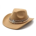 Vintage khaki wool felt cowboy hat with ethnic braided band and star metal buckle - M (56-58cm) / Camel