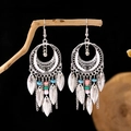 Bohemian silver tassel earrings with colorful beads and leaf pendants on dark background - Antique Silver + Colorful Beads (E5837-3/White)