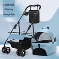 Light blue pet stroller with detachable carrier bag, storage basket, and cup holder tray - With Tray + Storage Bag / Light Blue (Separable)