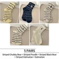 Set of 5 pairs striped cotton socks featuring cute cartoon dog and bear embroidery - 5 Pairs - Striped Fat Bear + Striped Poodle + Striped Black Bear + Striped Dalmatian + Dalmatian
