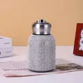 Luxury 300ml silver diamond studded stainless steel thermos bottle with folding ring - Silver A