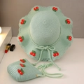 Girl's mint green straw sun hat and matching cherry embroidery crossbody bag set - Cherry Straw Hat Set / Light Green