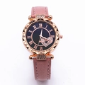 Women's rose gold watch with petal bezel, black Roman dial, and pink suede strap - Pink