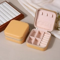 Portable square PU leather jewelry box in ginger yellow with a pink velvet interior - Khaki