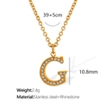 Gold stainless steel necklace with rhinestone letter G pendant and size dimensions - Letter G