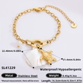 Bracelet en acier inoxydable doré 18K avec perle coquillage et tortue - Tortue Coquille Perle Océan (SL41229)