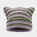 Detail of handmade knit cat ear beanie with purple and olive green striped texture - M (56-58cm) / Purple and Green
