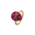 Detail of rose red enamel open ring with gold plating and colorful zircon accents - Adjustable Open / Rose Red