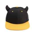 Flat brim devil horn hip hop hat in black and yellow color block design - Yellow Brim Black Hat