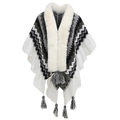 Detail of knitted poncho featuring faux fur collar and black-grey fringe accents - Black/White/Grey Wave (3#)