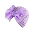Detailed texture of lavender ribbed knit baby turban hat with a large organza bow - Purple