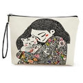 Off-white canvas makeup bag with cat girl print, black zipper and wrist strap - Girl with Kitten Colorful Illustration With Wristlet (xy-083-4) / 17*25cm (Linen) with Strap