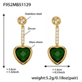 Detail view showing green heart glass stone earrings dimensions and stainless steel material - Green Heart Zirconia Earrings (F952)