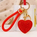 Sparkling red rhinestone heart keychain with matching woven leather strap and gold ring - Rhinestone Heart Red