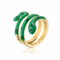 Detalle de anillo de serpiente de tres capas con esmalte verde y baño de oro de 18K - Abierto Ajustable / Dorado/Verde Brillante con Lunares Negros (12003)