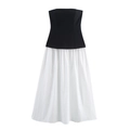 Minimalist strapless midi dress with black bodice and white pleated high-waisted skirt - XS / Black and White