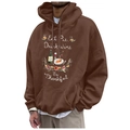 Brown hooded sweatshirt with Thanksgiving letter print and large front pocket - S / Brown Eat Pie Drink Wine Illustration (69)