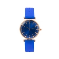 Detail of royal blue silicone strap and rose gold watch case with crystal accents - Blue