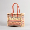 Bohemian tote bag with colorful geometric patterns, beige fringes, and orange handles - Orange Geometric