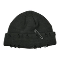 Detail of punk style distressed black knit beanie with silver safety pin and ring accents - Adjustable / Dark Green