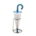 Blue umbrella-shaped silicone and stainless steel tea infuser with matching silver base - Blue